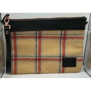 British Bag Co Plaid Wool Blend Zip Pouch Clutch Bag Wristlet Rose Gold